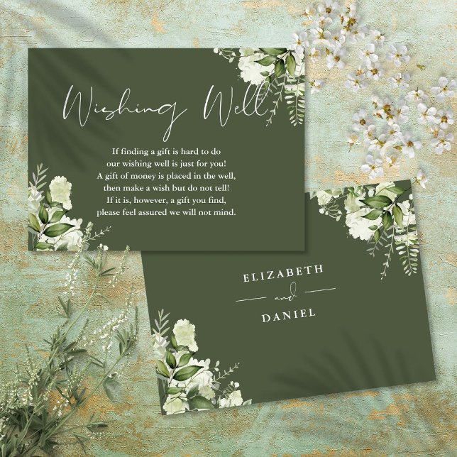 Grüne Olivenbäume Blumenzwiebeln Begleitkarte (Olive Green Greenery Floral Wishing Well Wedding Enclosure Card)