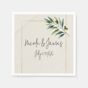 Grüne Olivenbäume Knochen Weiß und Gold Rustikale  Serviette