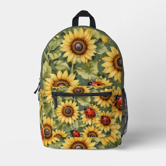 Grüne Olivenbäume Sonnenblume Lady Bug Garden Zen Bedruckter Rucksack (Vorderseite)