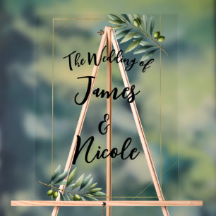 Grüne Olivenblatt- und Gold-Rustikale Hochzeitstaf Acrylschild