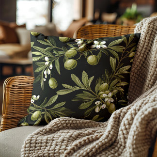 Grüne Olivenblätter Schwarz Elegant Botanisch  Kissen
