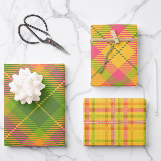 GRÜNE ORANGE GELBE PINK KARIERTE PATTER GESCHENKPAPIER SET (Vorderseite)
