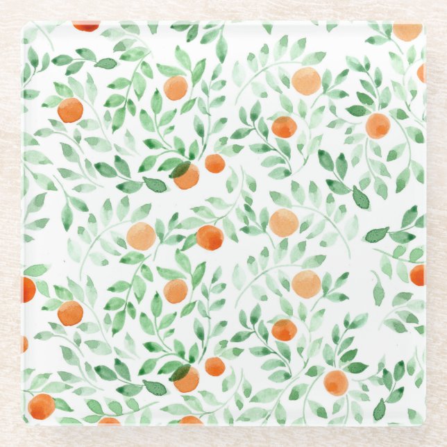 Grüne Orange Mandarine Provence Wasserfarbe Glasuntersetzer (Vorderseite)