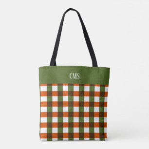 Grüne, orangefarbene, Karierte Monogramm-Tasche