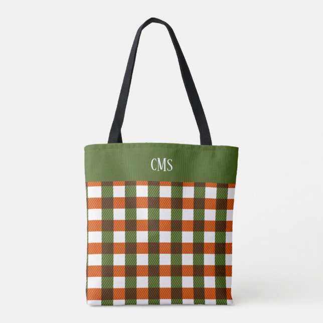 Grüne, orangefarbene, Karierte Monogramm-Tasche (Rückseite)