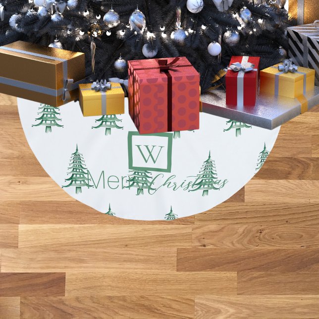 Grüne Pagode Weihnachtsbaum Mit Monogramm Muster Polyester Weihnachtsbaumdecke (Green Pagoda Christmas Tree Monogrammed Pattern Brushed Polyester Tree Skirt)