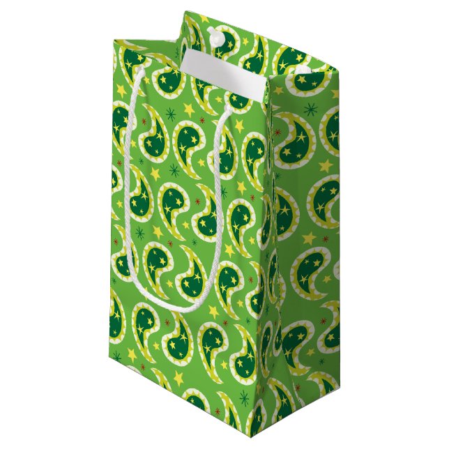 Grüne Paisley-Muster Weihnachtsgeschenktaschen Kleine Geschenktüte (Vorderseite Schrägansicht)