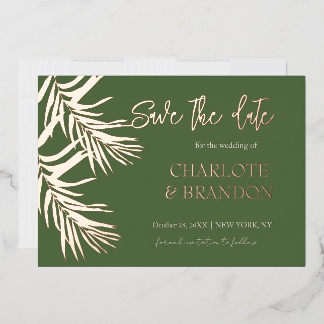 Grüne Palm-Blätter, die das Datum speichern Folieneinladung (Briefumschlag)