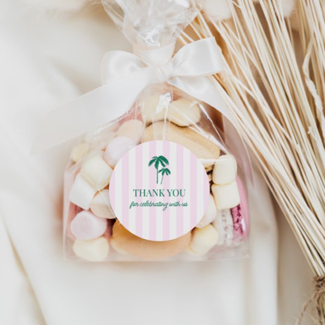 Grüne Palmen Rosa Streifen Runder Aufkleber (Von Creator hochgeladen)