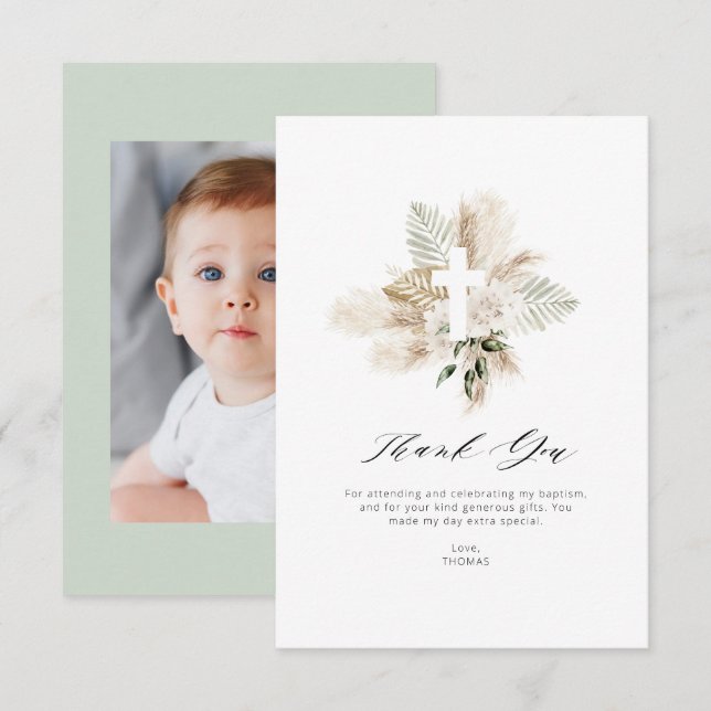 Grüne Pampas Blütentaufe Dankeschön Karte (Vorne/Hinten)