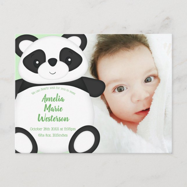 Grüne Panda Bear Baby Geburtserklärung Postkarte (Vorderseite)