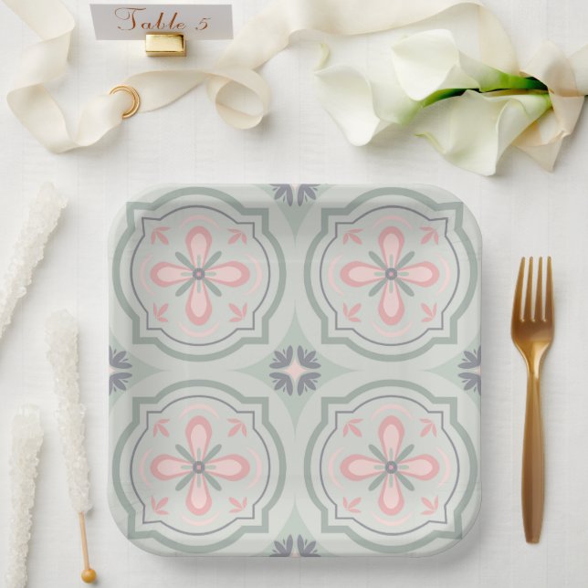 Grüne Pastell-Blumentapeten Pappteller (Hochzeit)
