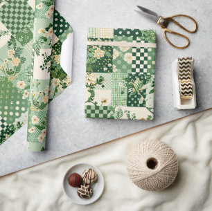 Grüne Patchwork-Quilt-Antik-Kariert-Geometrisch Geschenkpapier