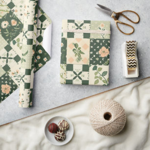Grüne Patchwork-Quilt-Antik-Karogeometrie Geschenkpapier