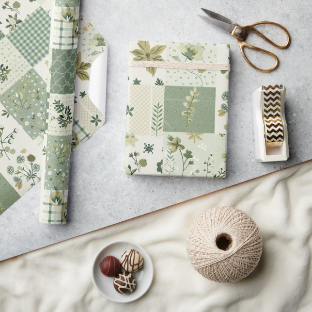 Grüne Patchwork-Quilt-Antik-Karogeometrie Geschenkpapier (Basteln)