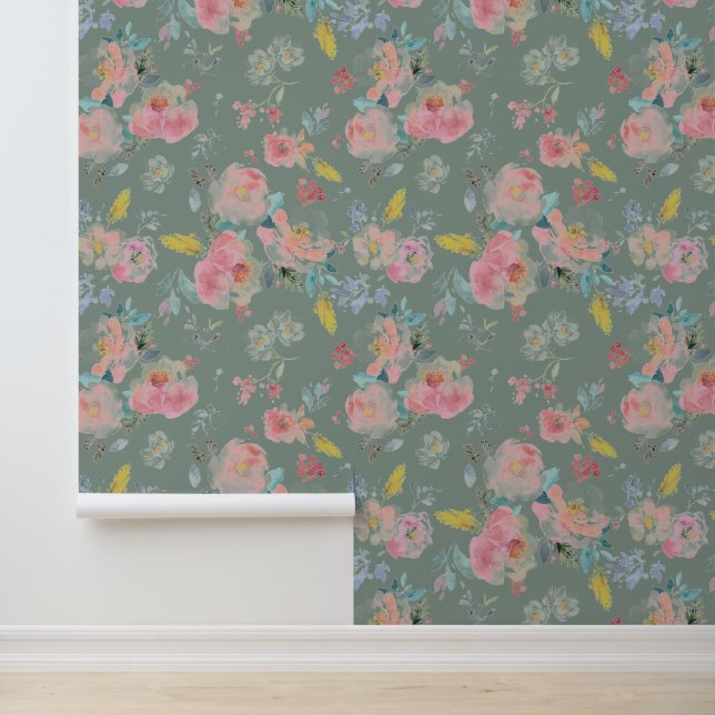 Grüne Peony Floral Wasserfarbe Botanische Tapete (Anwendung)