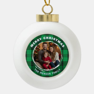Grüne personalisierte Familienfoto-Karomuster  Keramik Kugel-Ornament