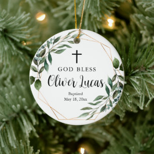 Grüne personalisierte Foto-Taufornament Keramik Ornament