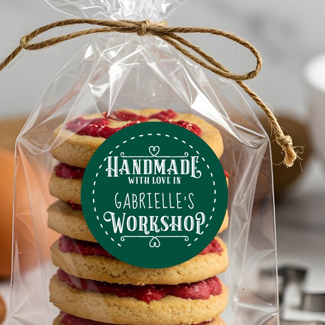 Grüne Personalisierte Handarbeit mit Liebe in Work Runder Aufkleber (Green Personalized Handmade with Love in Workshop Classic Round Sticker)