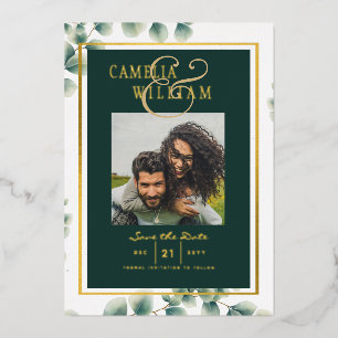 Grüne Pflanzen Goldfolie PHOTO QR CODE Hochzeit Te Folieneinladung