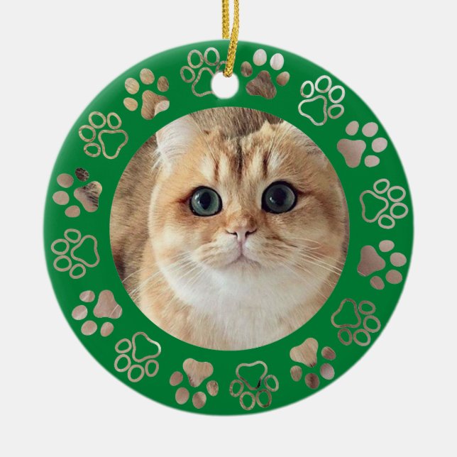 Grüne Pfote Custom Cat Foto Keramik Ornament (Vorne)