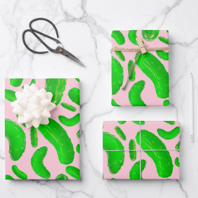 Grüne Pickles Rosa Hintergrund Geschenkpapier Set (Vorderseite)