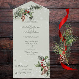 Grüne Pine & Holly im Schnee All In One Einladung