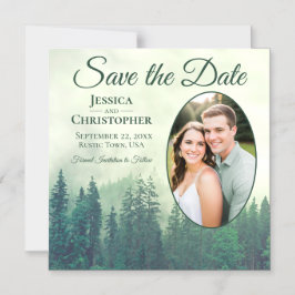 Grüne Pine Rustic Oval Foto Hochzeit speichern das Magneteinladung