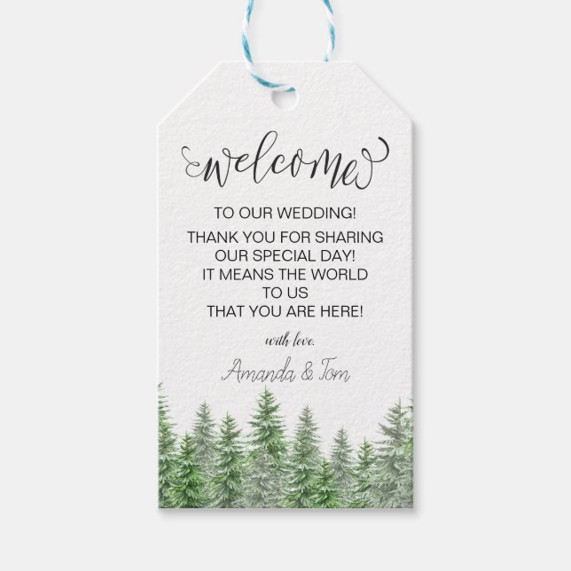 Grüne Pine Tree Calligraphy Wedding Willkommen Geschenkanhänger (Vorderseite)