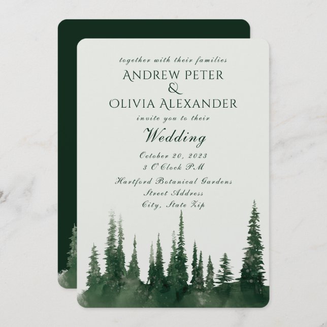 Grüne Pine Tree Evergreen Forest Wedding Einladung (Vorne/Hinten)