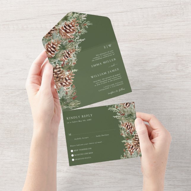 Grüne Pine Wedding All In One Einladung (Abreißen)
