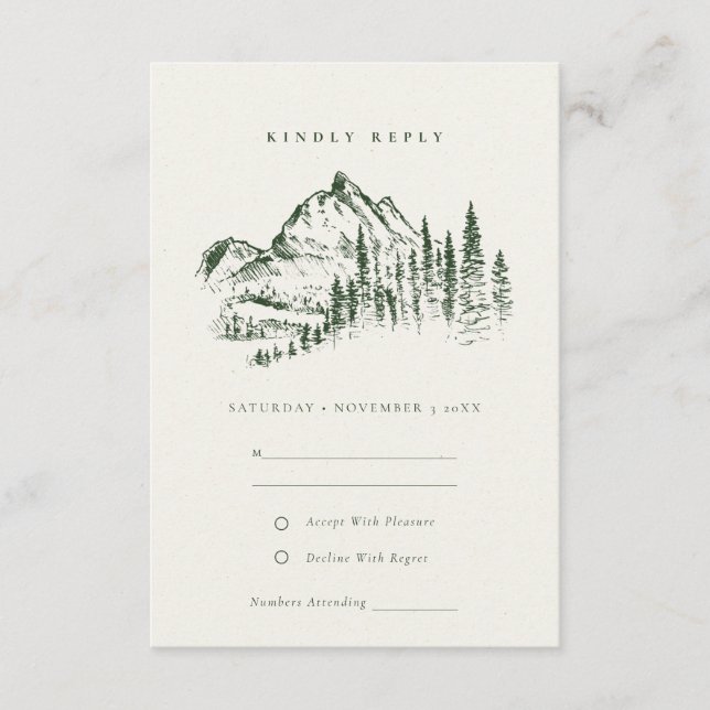 Grüne Pine Woods Mountain Sketch Wedding RSVP Begleitkarte (Vorderseite)