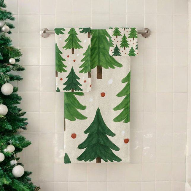 Grüne Pinienbäume Holiday Wasserfarbe Botanische K Badhandtuch Set (Von Creator hochgeladen)