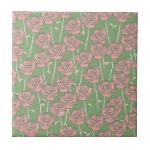 Grüne Pink Rose Retro Y2K 70er Blumenmuster Fliese
