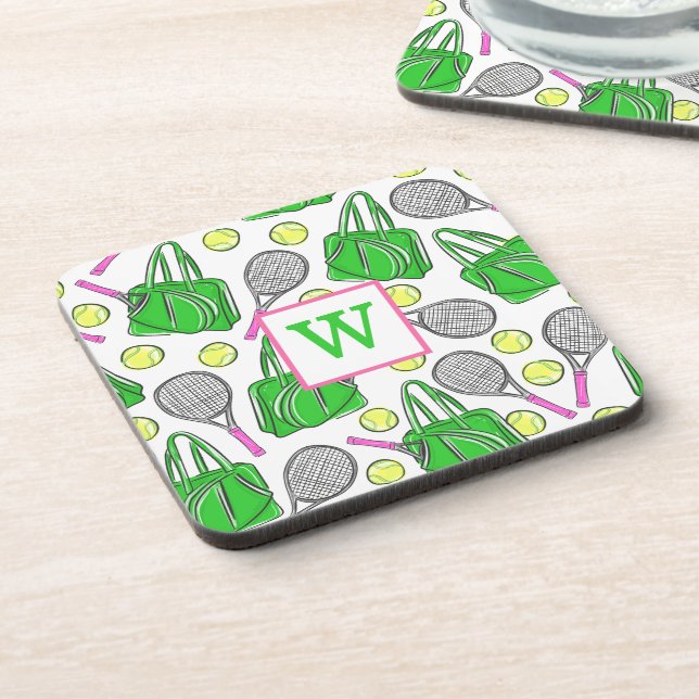 Grüne Pink Tennis Racquet Tag Balls Initial Getränkeuntersetzer (Linke Seite)