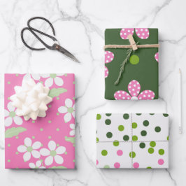 GRÜNE PINK WHITE DAISY BLUME & POLKA DOTS GESCHENKPAPIER SET