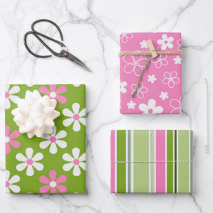 GRÜNE PINK WHITE DAISY BLUME & STREIFEN GESCHENKPAPIER SET