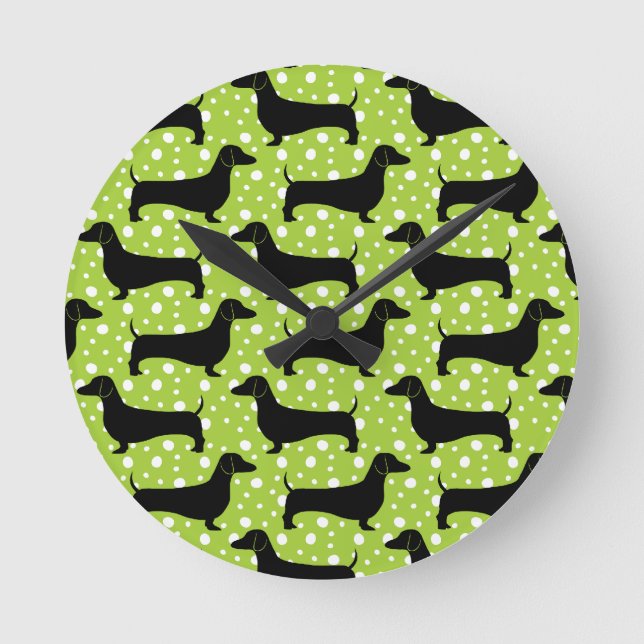 Grüne Polka-Dackeln Runde Wanduhr (Vorderseite)