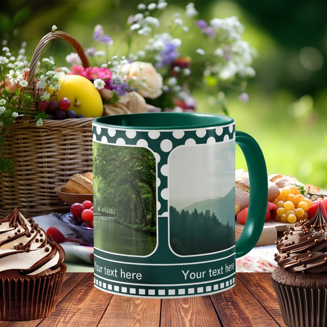 Grüne Polka Dots Foto Tasse (Photo mug featuring your own favorite photos framed by a retro teal green and white polka dot design)