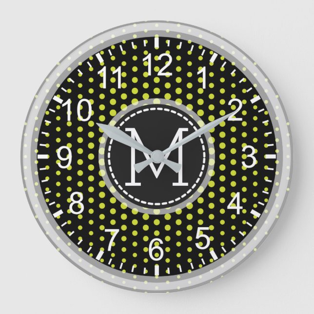 Grüne Polka Dots Modernes Monogramm Große Wanduhr (Vorderseite)