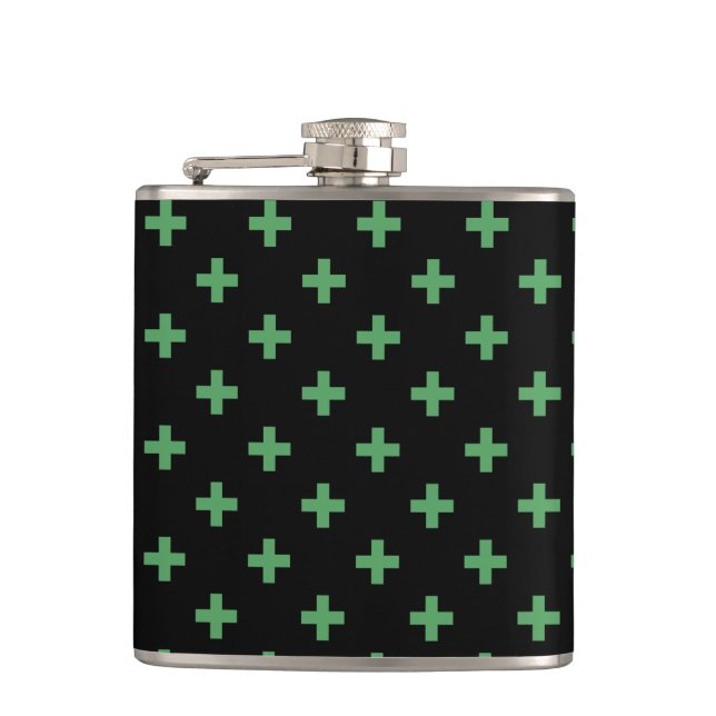 Grüne Polka kreuzt schwarz Flachmann (Vorderseite)