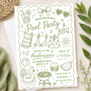 Grüne Poolparty-Grillparty-Sommer-Handgezeichnete- Einladung