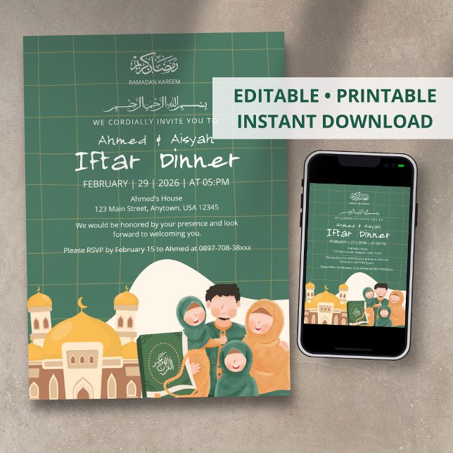 Grüne Ramadan-Iftar-Einladung mit Moschee, Koran Einladung (Von Creator hochgeladen)