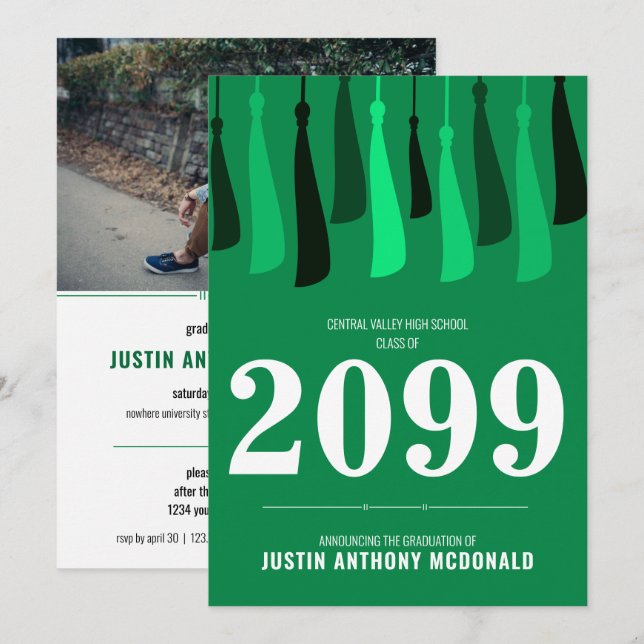 Grüne Reihe von Tassels Foto Abschluss Einladung (Vorne/Hinten)