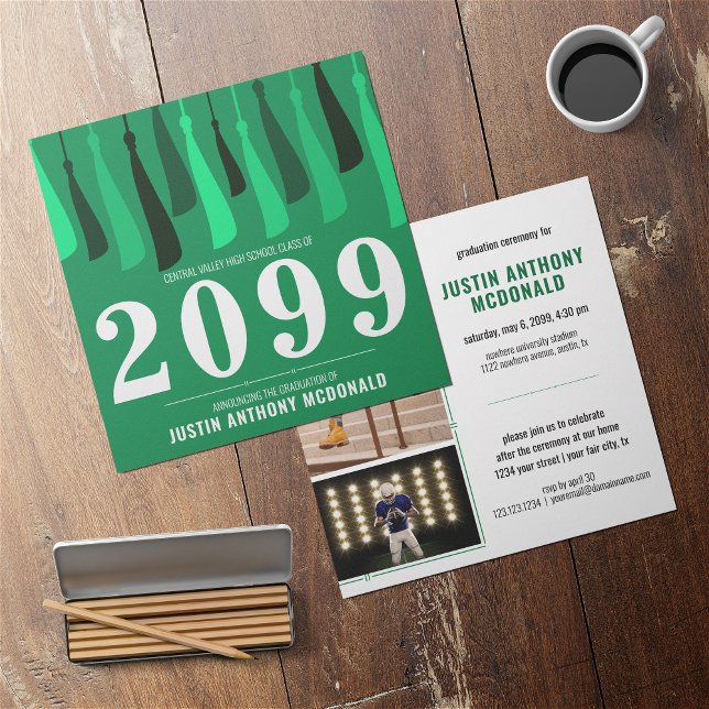 Grüne Reihe von Tassels Zwei-Foto-Abschluss Einladung (Von Creator hochgeladen)