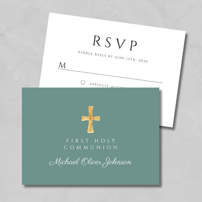 Grüne religiöse Cross Boy Erste Kommune RSVP Karte (Green Religious Cross Boy First Communion RSVP Card)
