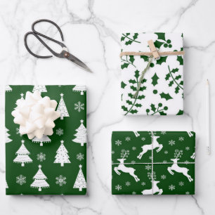 Grüne Rentiere, Weihnachtsbaum und Holly-Muster Geschenkpapier Set