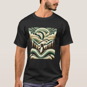 Grüne Retro-Art-Deco-Wellen-Pinguin-Baum-Vordergru T-Shirt