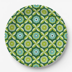 Grüne Retro-Blumen Pappteller