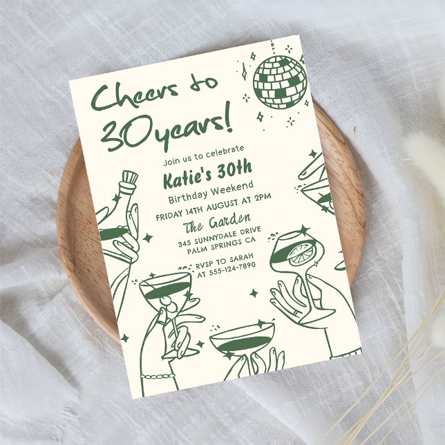 Grüne Retro Hand Drawn Funky 30. Geburtstag Einladung (Von Creator hochgeladen)